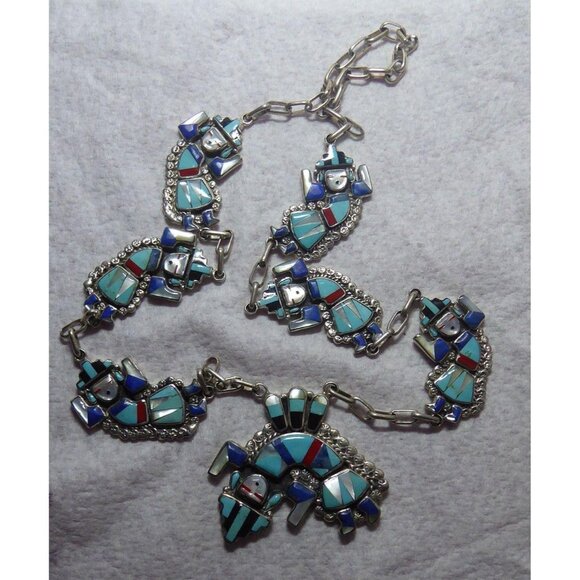 Vintage Zuni Sterling Silver Rainbow Man Necklace 25" Chain Handcrafted With Inl - Picture 2 of 9